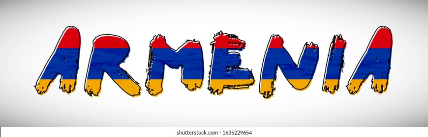 Armenia flag on text typography. Country name banner script. Elegant typography background.