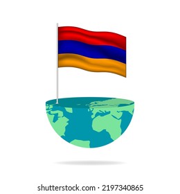 Armenia flag pole on globe. Flag waving around the world. Easy editing and vector in groups. National flag vector illustration on white background.