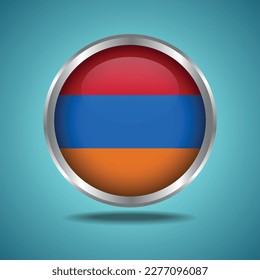  The Armenia flag. Round glossy. Silver frame. Isolated on color gradient background