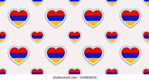 Armenia flag seamless pattern. Vector Armenian flags stickers. Love hearts symbols. Texture for language courses, sports pages, travel, school, geographic, design element. Patriotic wallpaper