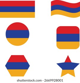 Armênia conjunto de ícones de bandeira. Bandeira da Armênia, símbolo. Conjunto de bandeiras armênias em retângulo, ondulado, círculo e estrela .	