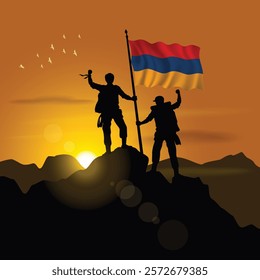 Armenia flag, silhouette of two climbers holding flags at sunset