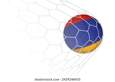 Armenia flag soccer ball in net. Vector sport illustration.