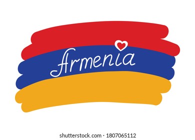 Armenia flag, stylized vector illustration with handwritten country name text. Red blue yellow flag of Armenia, hand drawn country name with red heart over letter