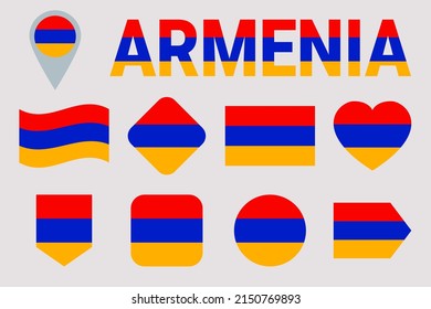 Armenia Flag Vector Collection. Geometric Shapes. Flat Style. Armenian National Symbols Set For Sports, Travel, Geographic And Patriotic Design Elements. Isolated Icons With State Name.