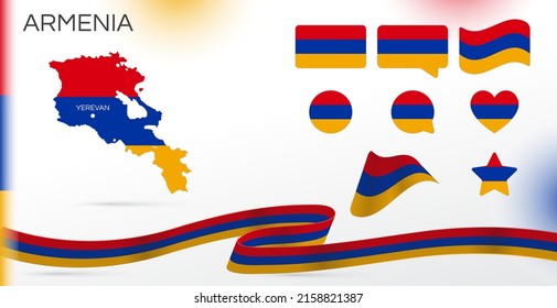 Armenien Flaggen gesetzt. Verschiedene Designs. Karte und Hauptstadt. Weltflaggen. Vektorset. Circle Icon. Vorlage für den Unabhängigkeitstag. Sammlung nationaler Symbole. Band mit Farben der Flagge. Jerewan