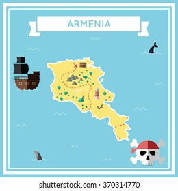 Armenia flat treasure map. Colorful cartoon treasure map of Armenia with flat icons of pirate ship, jolly roger, treasure chest and banner ribbon. Flat design vector illustration.
