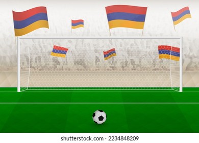 Armenia football team fans with flags of Armenia cheering on stadium, penalty kick concept in a soccer match. Sports vector illustration.
