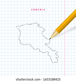 Armenia freehand pencil sketch outline map on checkered school notebook background. Realistic 3D pencil with soft shadow.
