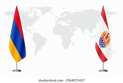 Armenia  and French Polynesia flags for official meeting against background of world map.