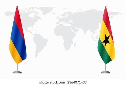 Armenia  and Ghana flags for official meeting against background of world map.