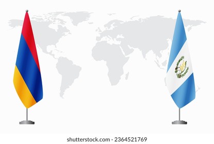 Armenia  and Guatemala flags for official meeting against background of world map.