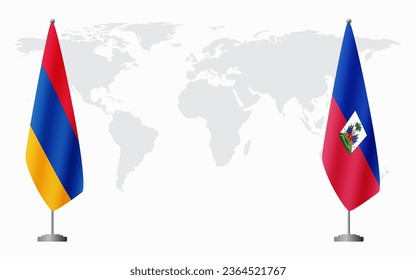 Armenia  and Haiti flags for official meeting against background of world map.