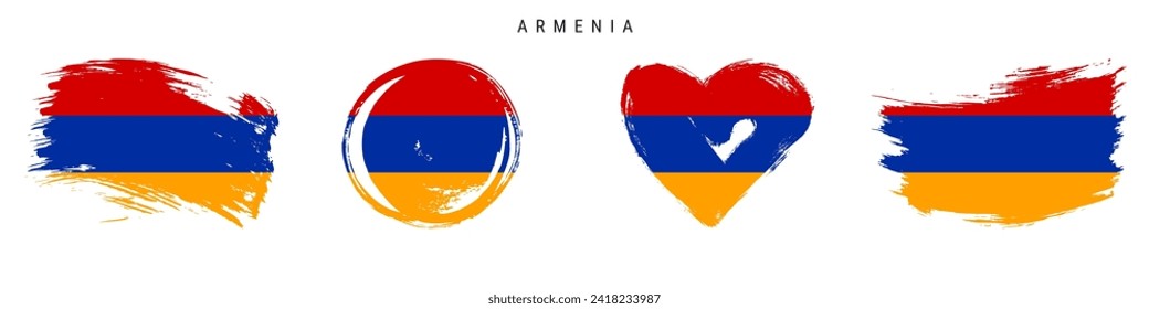 Armenia hand drawn grunge style flag icon set. Armenian banner in official colors. Free brush stroke shape, circle and heart-shaped. Flat vector illustration isolated on white.