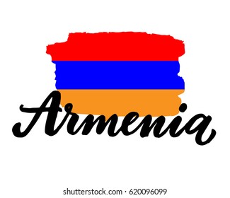 Armenia hand drawn ink brush lettering with the national flag of the country. Calligraphy word "Armenia". Armenia national symbol