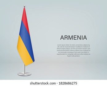 Armenia hanging flag on stand. Template for politic conference banner