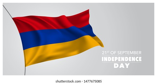 Armenia happy independence day greeting card, banner, horizontal vector illustration. Armenian holiday 21st of September design element with waving flag as a symbol of independence 