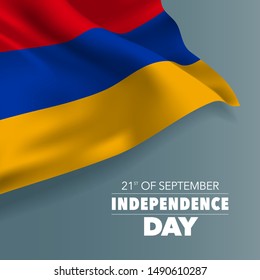 Armenia happy independence day greeting card, banner, horizontal vector illustration. Armenian holiday 21st of September design element with flag with curves 