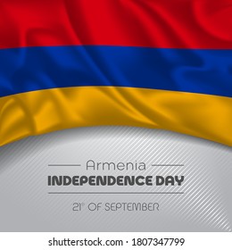 Armenia happy independence day greeting card, banner vector illustration. Armenian national holiday 21st of September square design element with waving flag