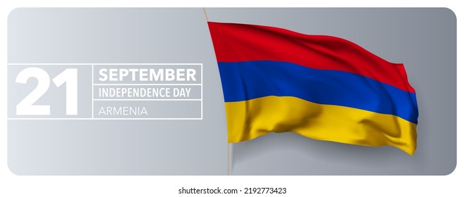 Armenia happy independence day greeting card, banner vector illustration. Armenian national holiday 21st of September design element with 3D waving flag on flagpole