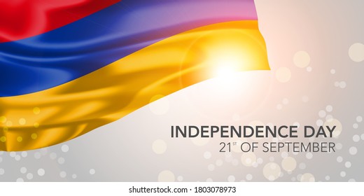 Armenia happy independence day vector banner, greeting card. Armenian realistic wavy flag in 21st of September national patriotic holiday horizontal design