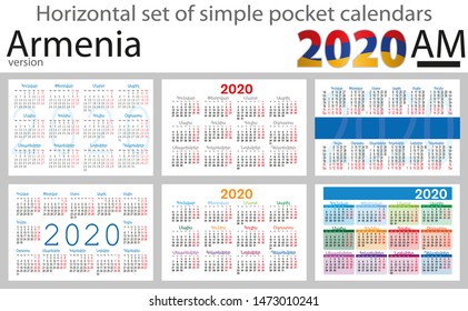 Armenia horizontal set of pocket calendars for 2020 (Two thousand nineteen). Week starts Monday. New year. Color simple design. Vector