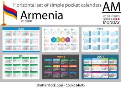 Armenia horizontal set of pocket calendars for 2021 (two thousand twenty one). Week starts Monday. New year. Color simple design. Vector