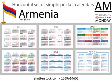 Armenia horizontal set of pocket calendars for 2021 (two thousand twenty one). Week starts Monday. New year. Color simple design. Vector