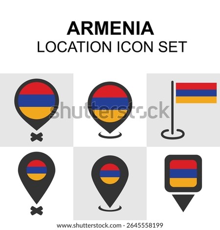 Armenia icon set with national flag markers and map pins. Suitable for travel interfaces and regional maps.