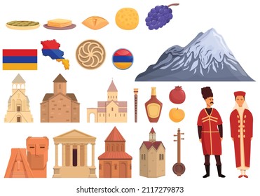 Armenia icons set cartoon vector. Tourism architecture. National city