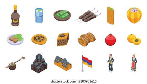 Armenia icons set isometric vector. Yerevan tourism. National architecture