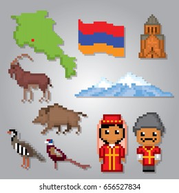 Armenia icons set. Pixel art. Old school computer graphic style. Games elements.