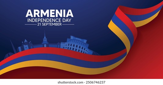 Armenia Independence Day 21 September cityscape on flag ribbon vector poster