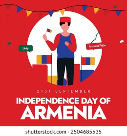 Armenia Independence Day. 21st Sept Independence Day of Armenia from the Soviet Union in 1991 celebration banner with its flag, a man wearing traditional Armenian cap. Poster, Card Vector