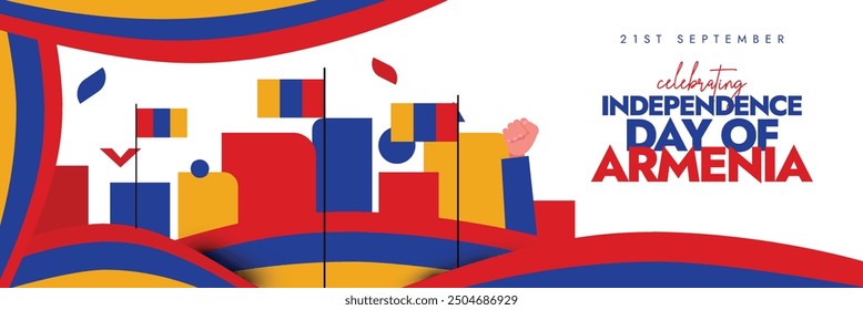 Tag der Unabhängigkeit Armeniens. 21. Sept Independence Day of Armenia Feier Cover Banner, Post mit seinen Fahnen, Handfäuste, abstrakte Kunst in seiner Flagge Farbe. Land wurde frei von der Sowjetunion