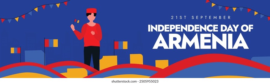 Armenia Independence Day. 21st Sept Independence Day of Armenia from the Soviet Union in 1991 celebration cover banner with its flag, a man wearing traditional Armenian cap. Poster, Card Vector design