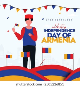 Armenia Independence Day. 21st September Independence Day of Armenia from the Soviet Union in 1991 celebration banner with a man wearing traditional Armenian cap and holding flag. Poster, Card Vector