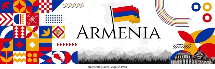 The Armenia Independence Day abstract banner design with flag and map. Flag color theme geometric pattern retro modern Illustration design. Red, blue and Yellow color template.