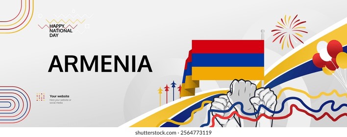 Armenia Independence Day greeting banner. September 21 is celebrated as Armenia National Day annually. Abstract template with flag and raised fist. National holidays illustration concept.