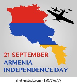 Armenia Independence Day Poster with map of armenia, airplane. Happy National Day Armenia Vector Patriotic card. vector, 21 september.