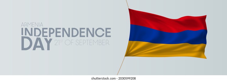 Armenia independence day vector banner, greeting card. Armenian wavy flag in 21st of September national patriotic holiday horizontal design