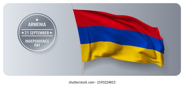 Armenia independence day vector banner, greeting card. Armenian wavy flag in 21st of September national patriotic holiday horizontal design