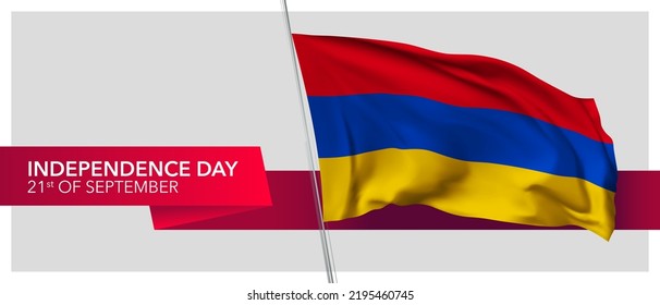 Armenia independence day vector banner, greeting card. Armenian wavy flag in 21st of September patriotic holiday horizontal design