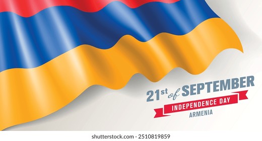 Armenia independence day vector banner, greeting card. Armenian wavy flag in 21st of September national patriotic holiday horizontal design