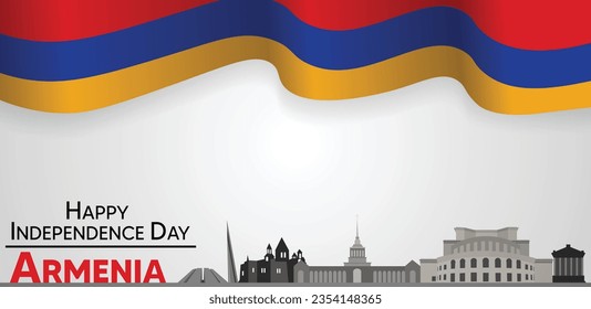 Armenia Independence day vector poster with waving flag on sky abstract city skyline template for invitation card