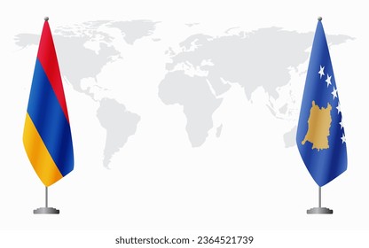 Armenia  and Kosovo flags for official meeting against background of world map.