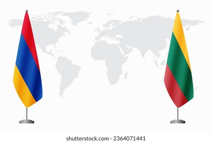 Armenia  and Lithuania flags for official meeting against background of world map.