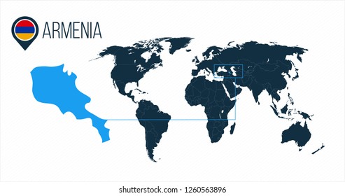 Armenia location on the world map for infographics. All world countries without names. Armenia round flag in the map pin or marker. vector illustration on stripped background.