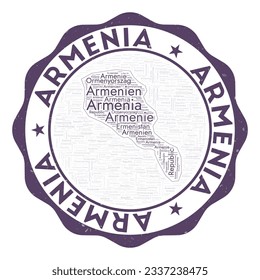 Armenia logo. Beautiful country badge with word cloud in shape of Armenia. Round emblem with country name. Stylish vector illustration.