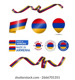 Armênia feita em logotipo. Conjunto de sinalizadores de design ícone de etiqueta, listras, fitas